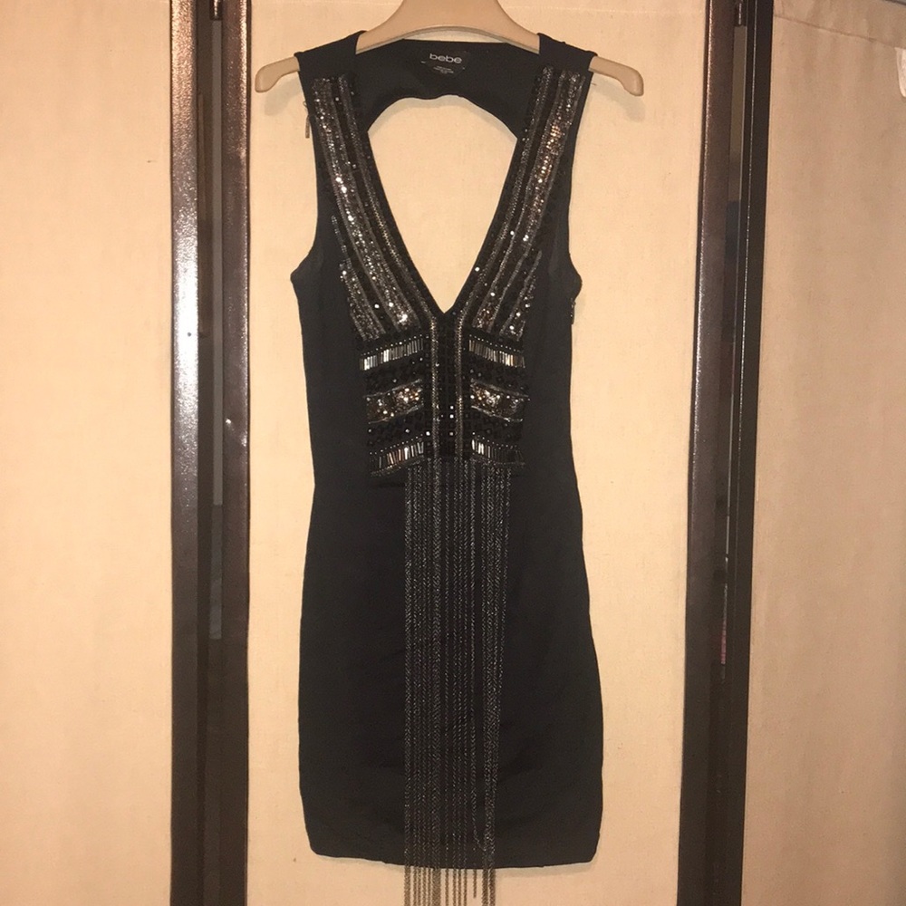 Bebe Black & Gold Beaded Cocktail Dress